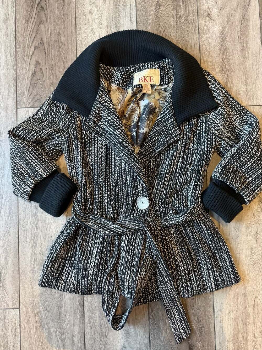 BKE Women's Black and White Tweed Wool Blend Belted Peacoat Size M